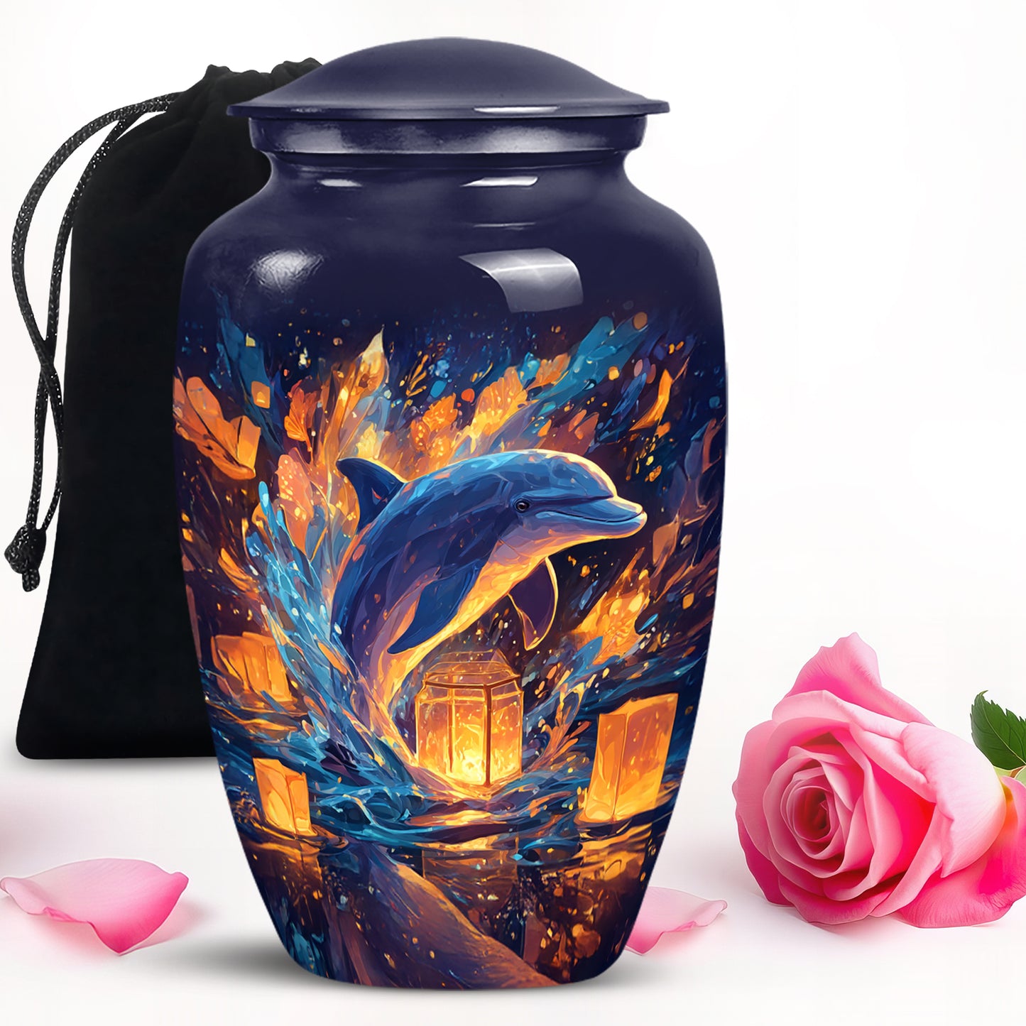 Soft Blue Dolphin Cremation Urn angled view of lid and engraved motif - elegant classic dolphin relief with fine detailing - full-size 10 inch 200 cubic inch adult cremation urn