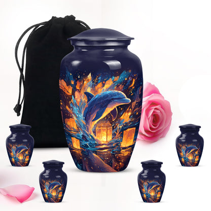 Celestial Blue Dolphin Cremation Urn top-down view of secure threaded lid - timeless dolphin motif etched into premium metal - memorial set with one large and four small urns