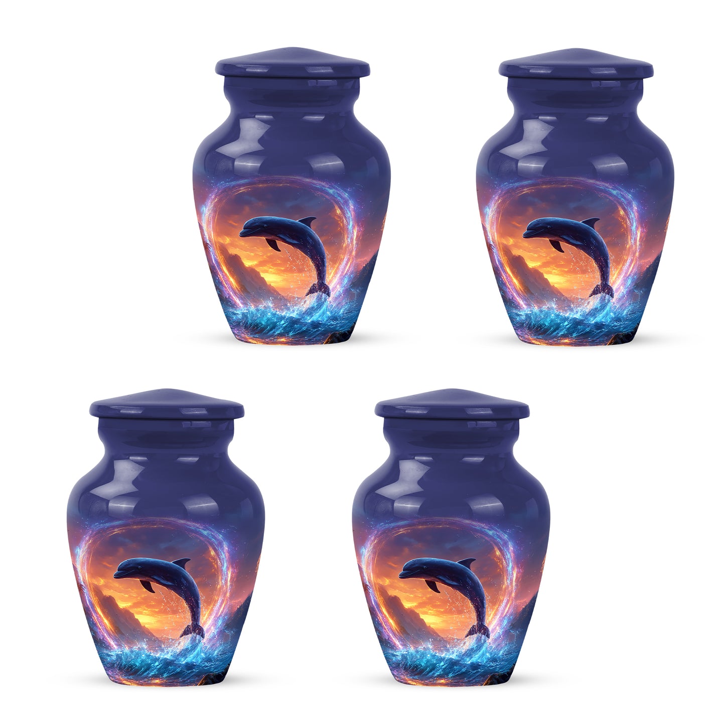 Bright Blue Dolphin Cremation Urn side profile showing urn shape - traditional dolphin engraving with hand-polished finish - 10 inch aluminum urn for cremated remains