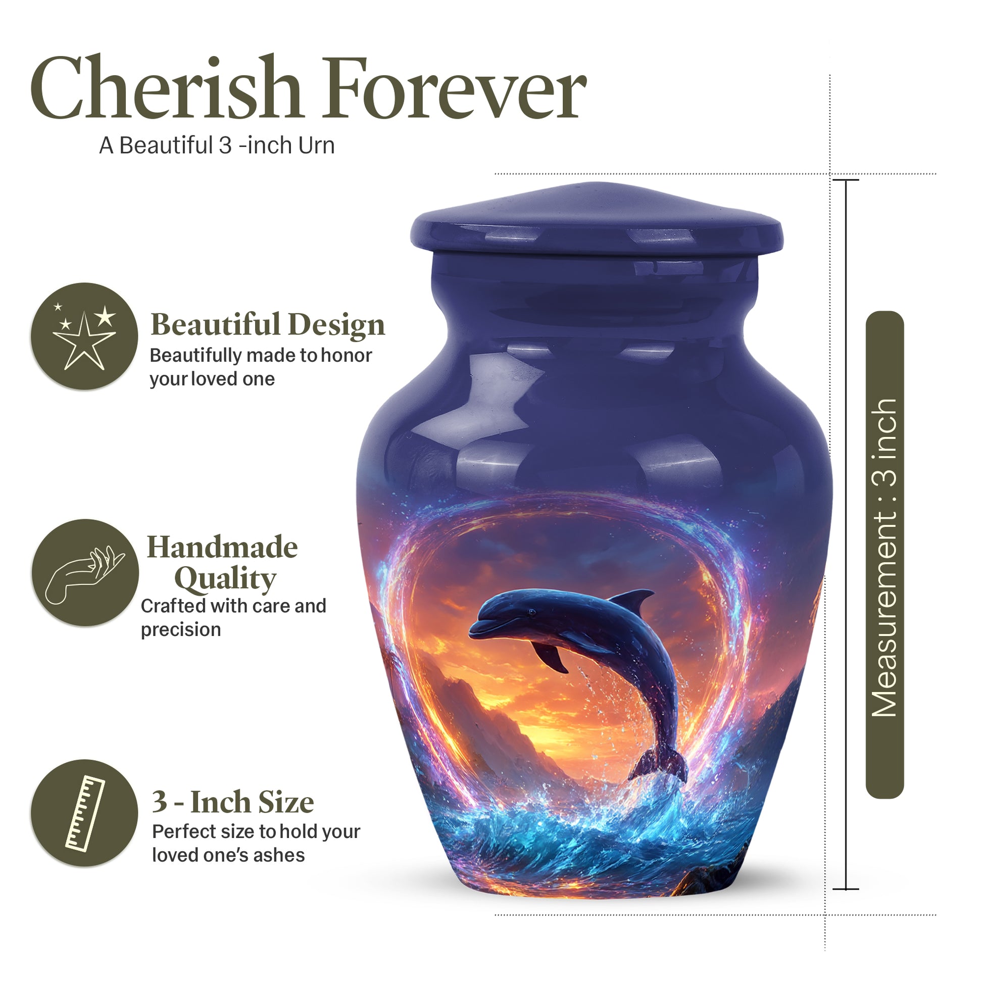 Indigo Dolphin Cremation Urn close-up of engraving and surface detail - classic sculpted dolphin pattern on smooth aluminum - mini keepsake memorial for portion of cremation ashes
