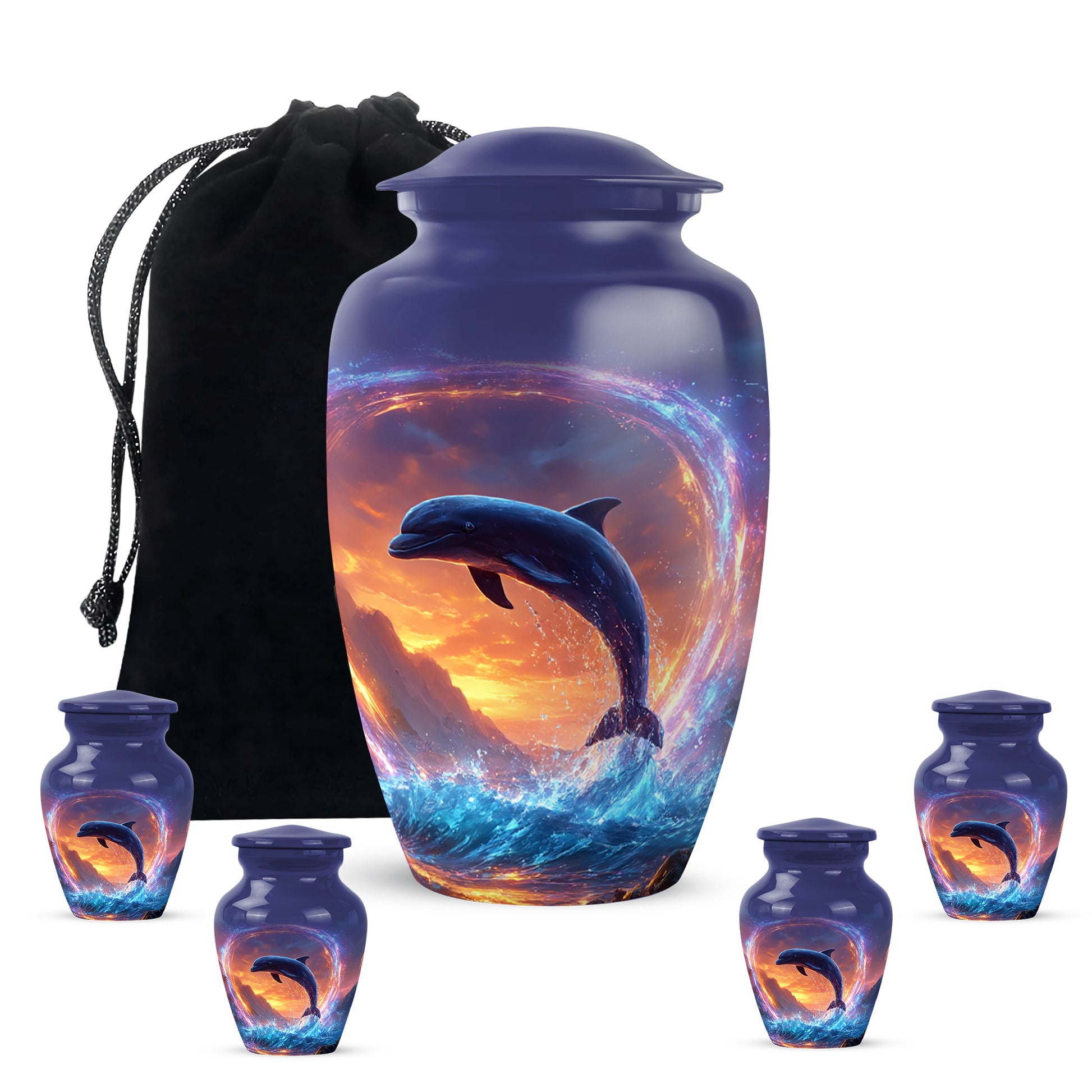 Soft Blue Dolphin Cremation Urn top-down view of secure threaded lid - elegant classic dolphin relief with fine detailing - memorial set with one large and four small urns