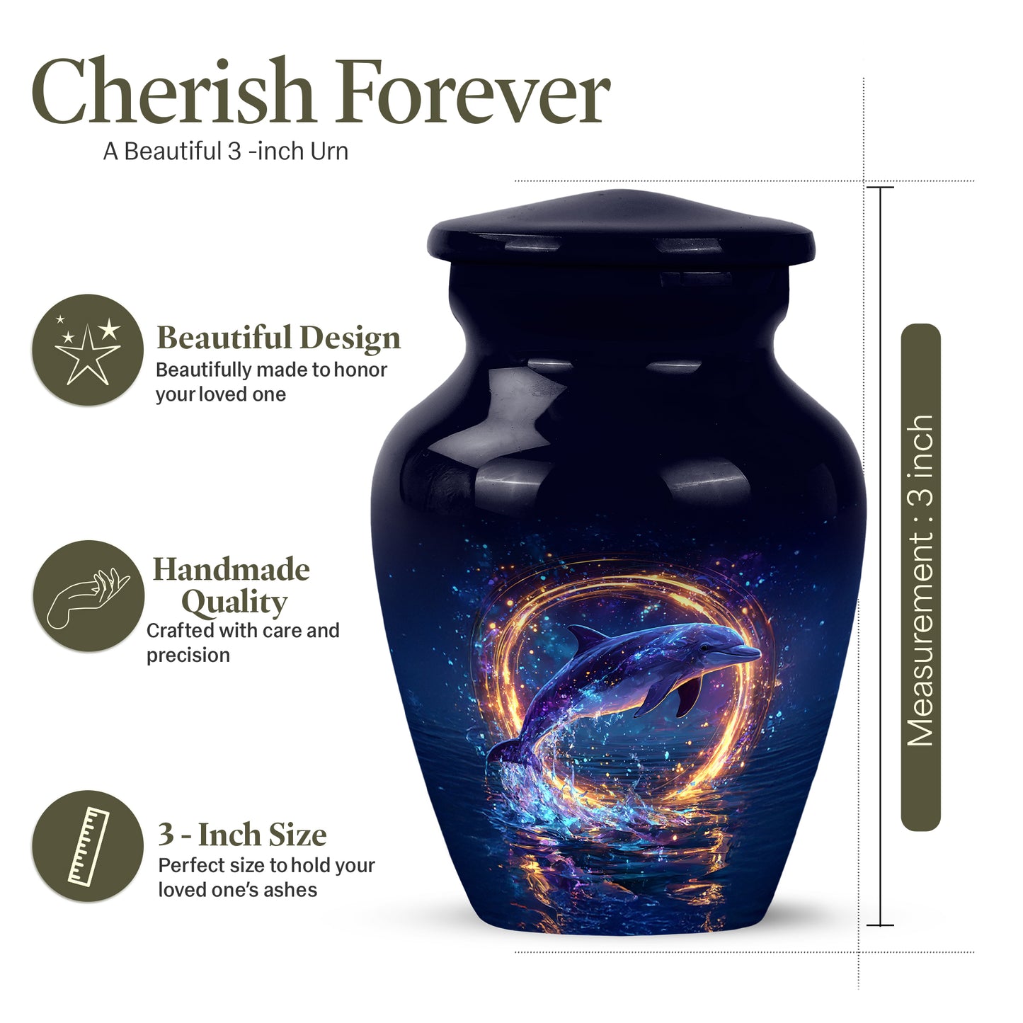 Twilight Blue Dolphin Cremation Urn close-up of engraving and surface detail - elegant classic dolphin relief with fine detailing - mini keepsake memorial for portion of cremation ashes