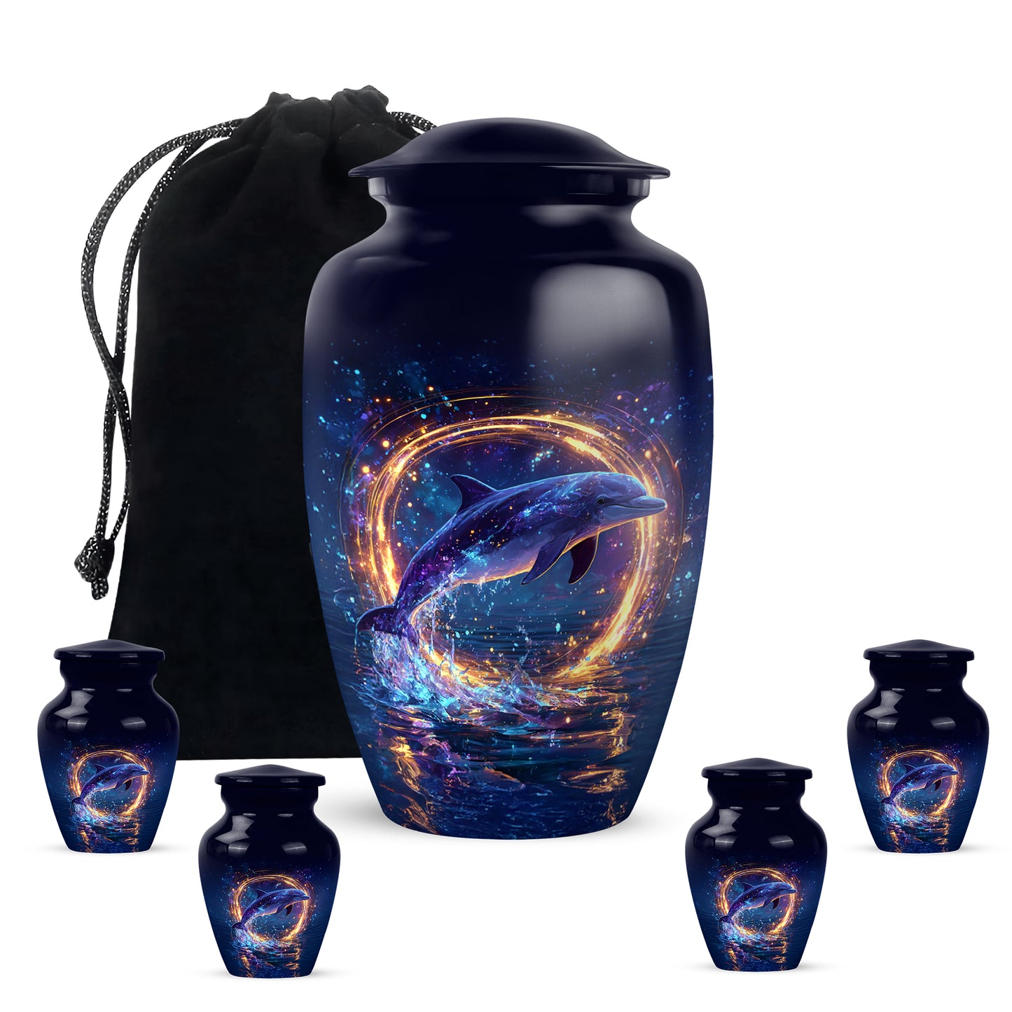Calming Blue Dolphin Cremation Urn top-down view of secure threaded lid - elegant classic dolphin relief with fine detailing - memorial set with one large and four small urns