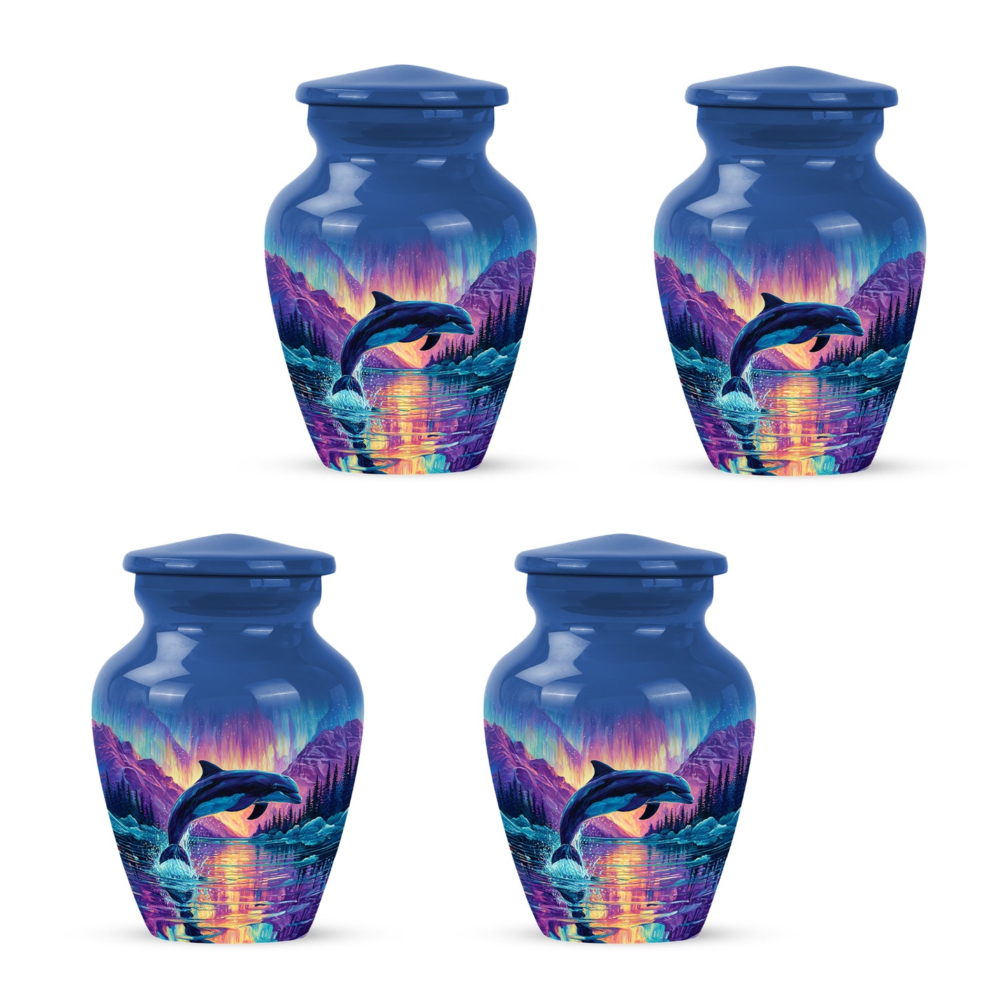 Navy Blue Dolphin Cremation Urn side profile showing urn shape - timeless dolphin motif etched into premium metal - 10 inch aluminum urn for cremated remains