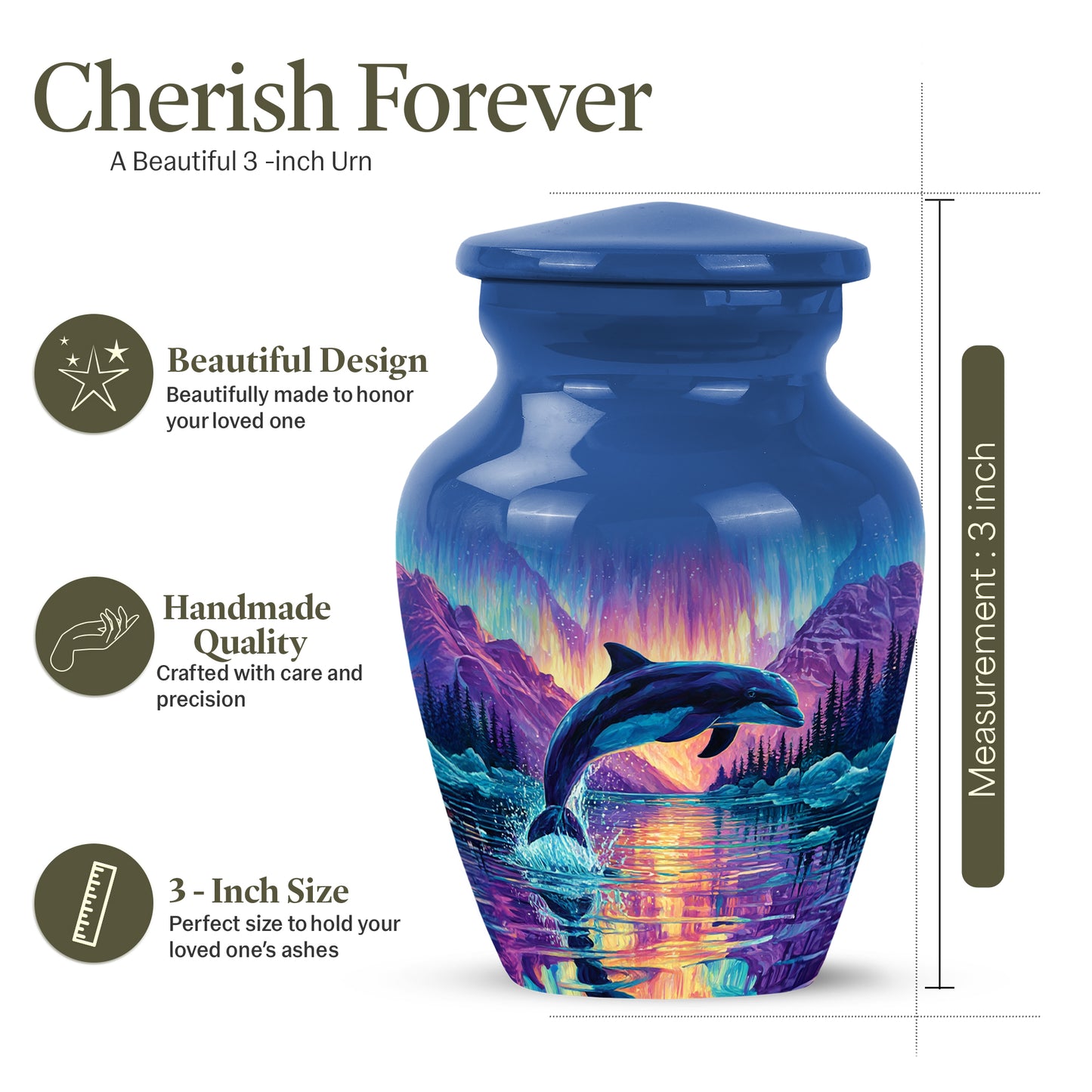 Soft Blue Dolphin Cremation Urn close-up of engraving and surface detail - traditional dolphin engraving with hand-polished finish - mini keepsake memorial for portion of cremation ashes