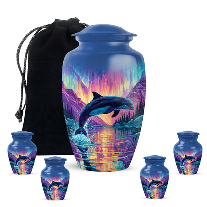 Sapphire Blue Dolphin Cremation Urn top-down view of secure threaded lid - elegant classic dolphin relief with fine detailing - memorial set with one large and four small urns