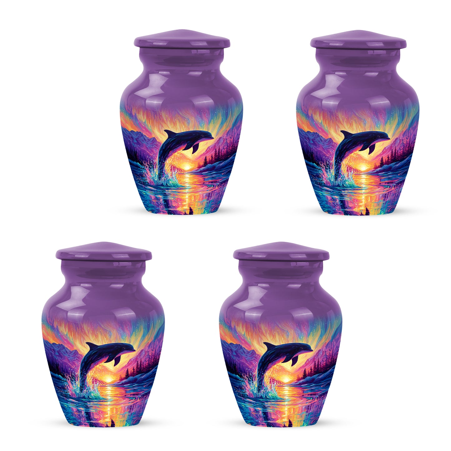 Lavender Purple Dolphin Cremation Urn side profile showing urn shape - traditional dolphin engraving with hand-polished finish - 10 inch aluminum urn for cremated remains