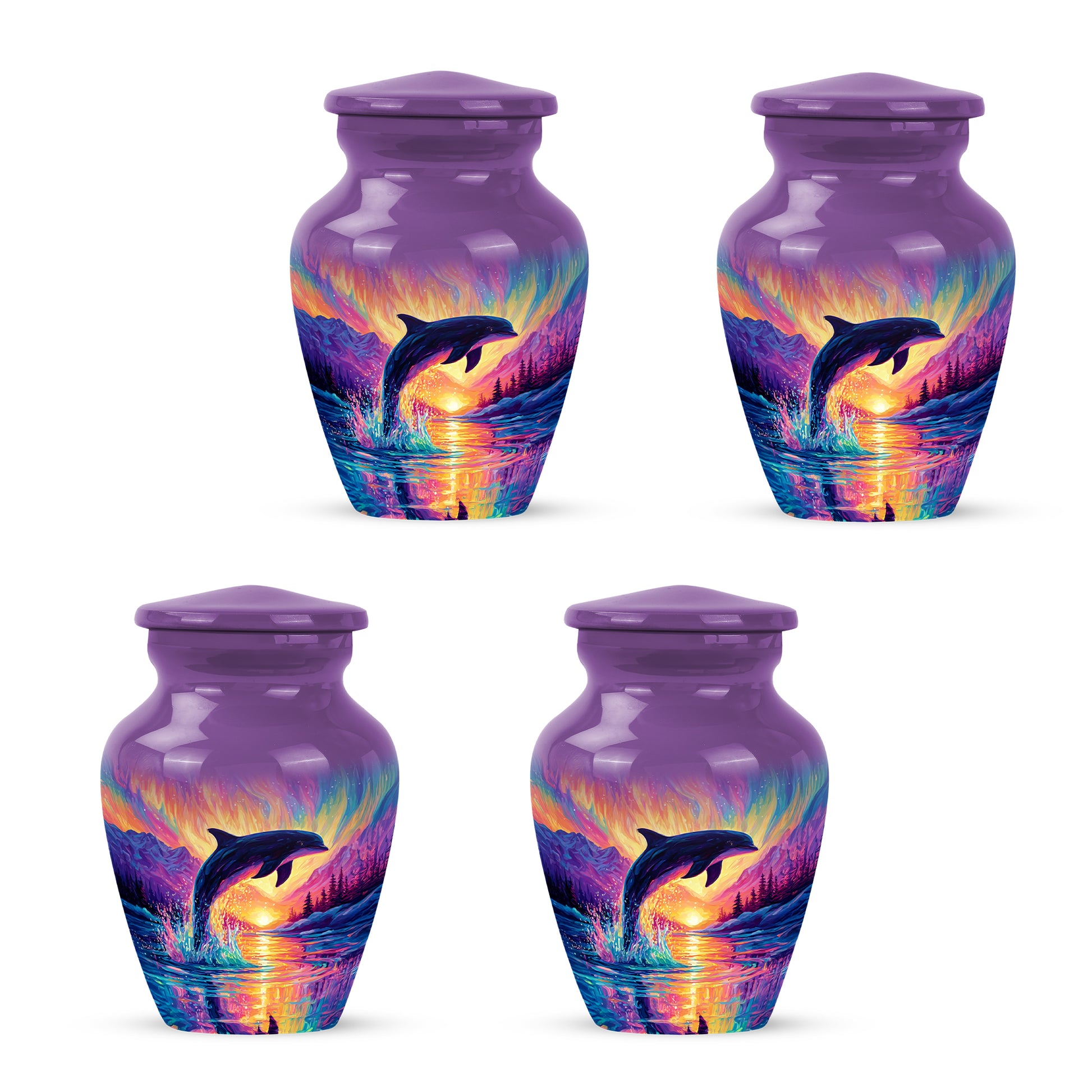 Lavender Purple Dolphin Cremation Urn side profile showing urn shape - traditional dolphin engraving with hand-polished finish - 10 inch aluminum urn for cremated remains