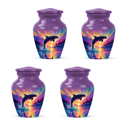 Lavender Purple Dolphin Cremation Urn side profile showing urn shape - traditional dolphin engraving with hand-polished finish - 10 inch aluminum urn for cremated remains