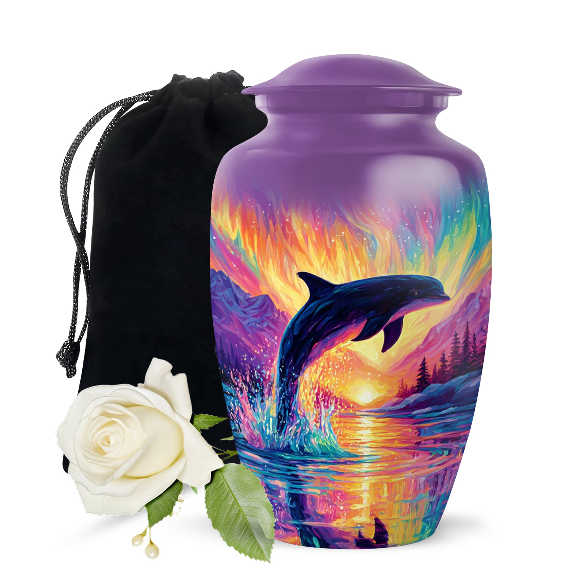Deep Purple Dolphin Cremation Urn angled view of lid and engraved motif - timeless dolphin motif etched into premium metal - full-size 10 inch 200 cubic inch adult cremation urn