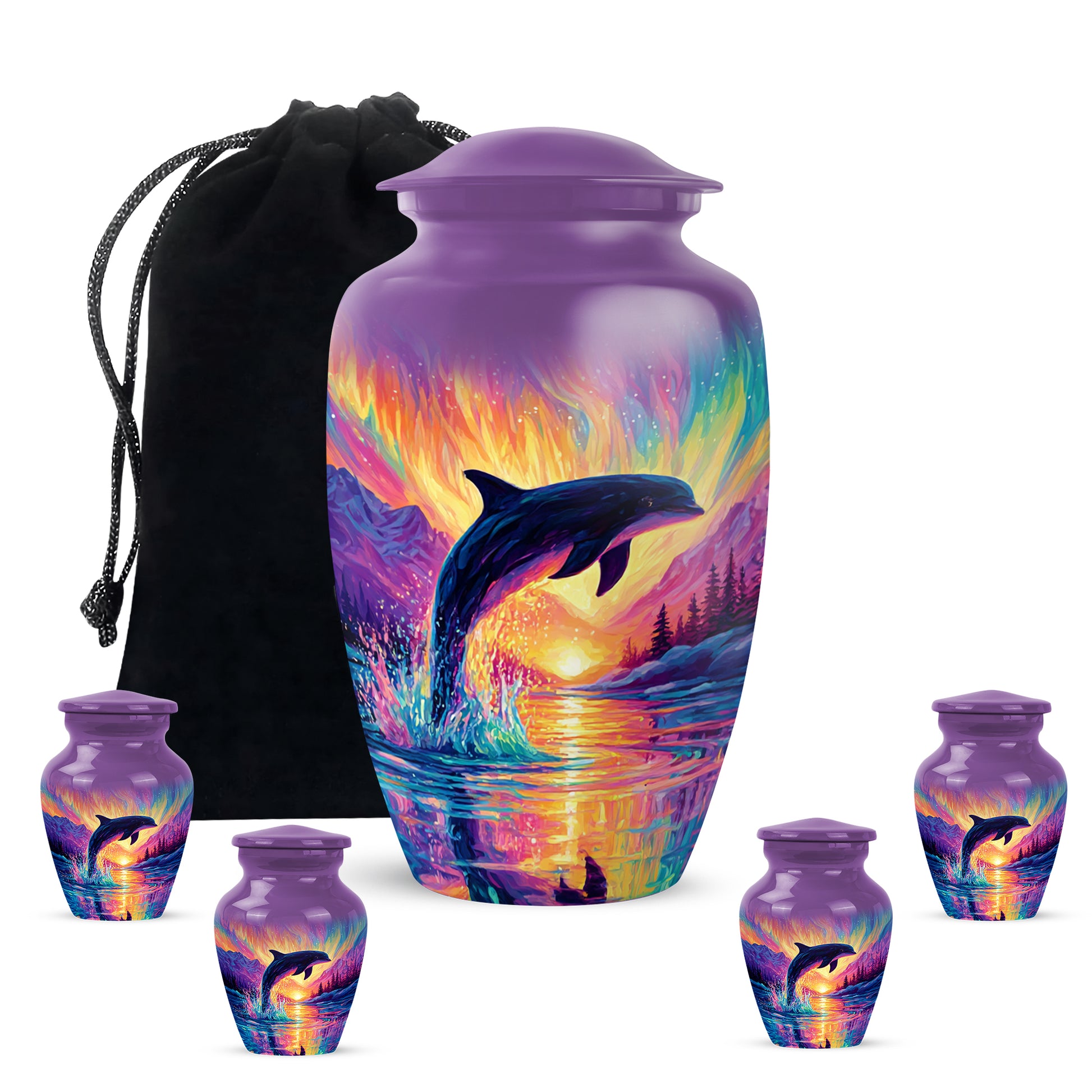 Majestic Purple Dolphin Cremation Urn top-down view of secure threaded lid - classic sculpted dolphin pattern on smooth aluminum - memorial set with one large and four small urns