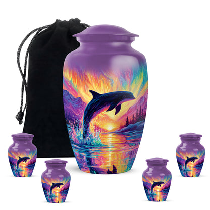 Majestic Purple Dolphin Cremation Urn top-down view of secure threaded lid - classic sculpted dolphin pattern on smooth aluminum - memorial set with one large and four small urns