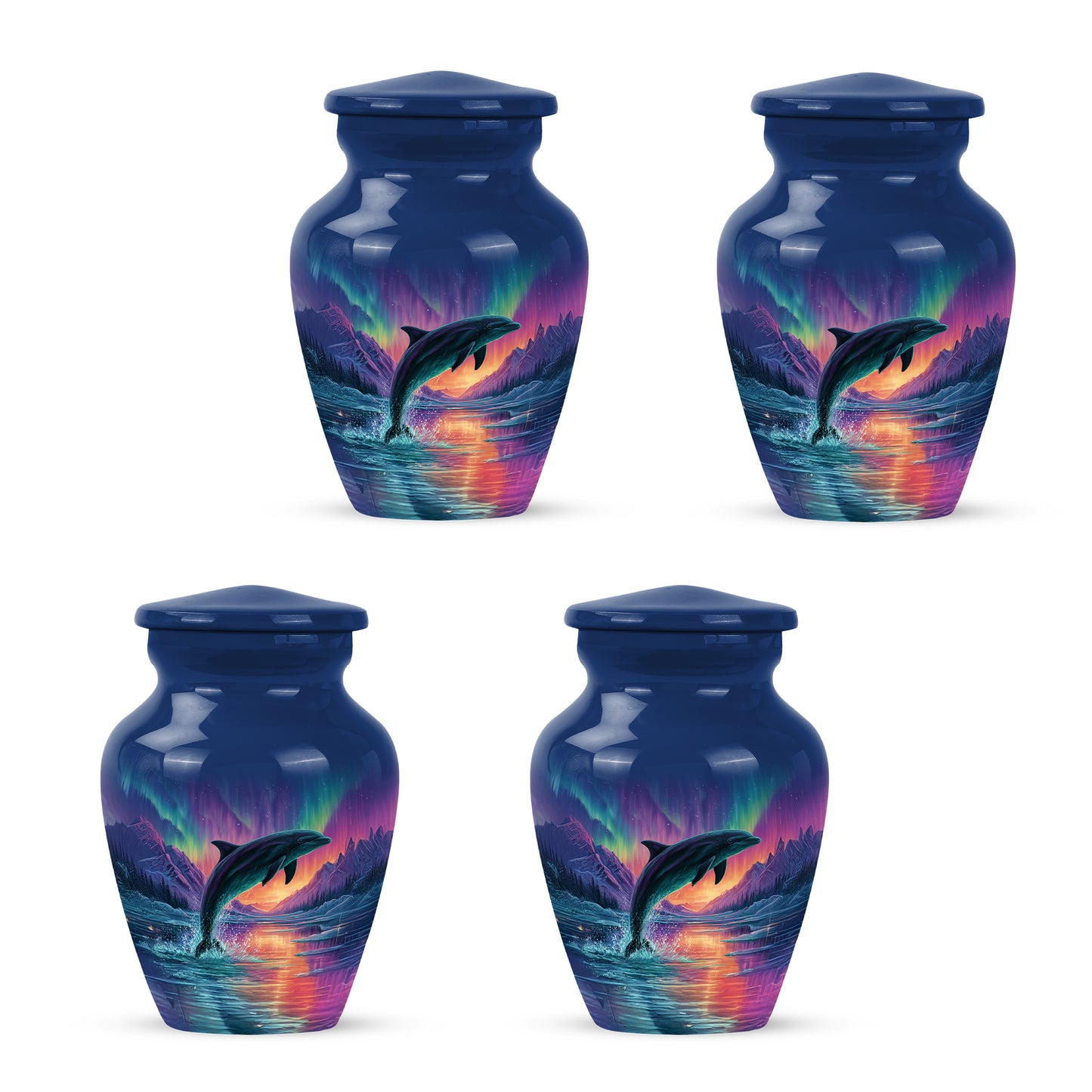 Calming Blue Dolphin Cremation Urn side profile showing urn shape - traditional dolphin engraving with hand-polished finish - 10 inch aluminum urn for cremated remains