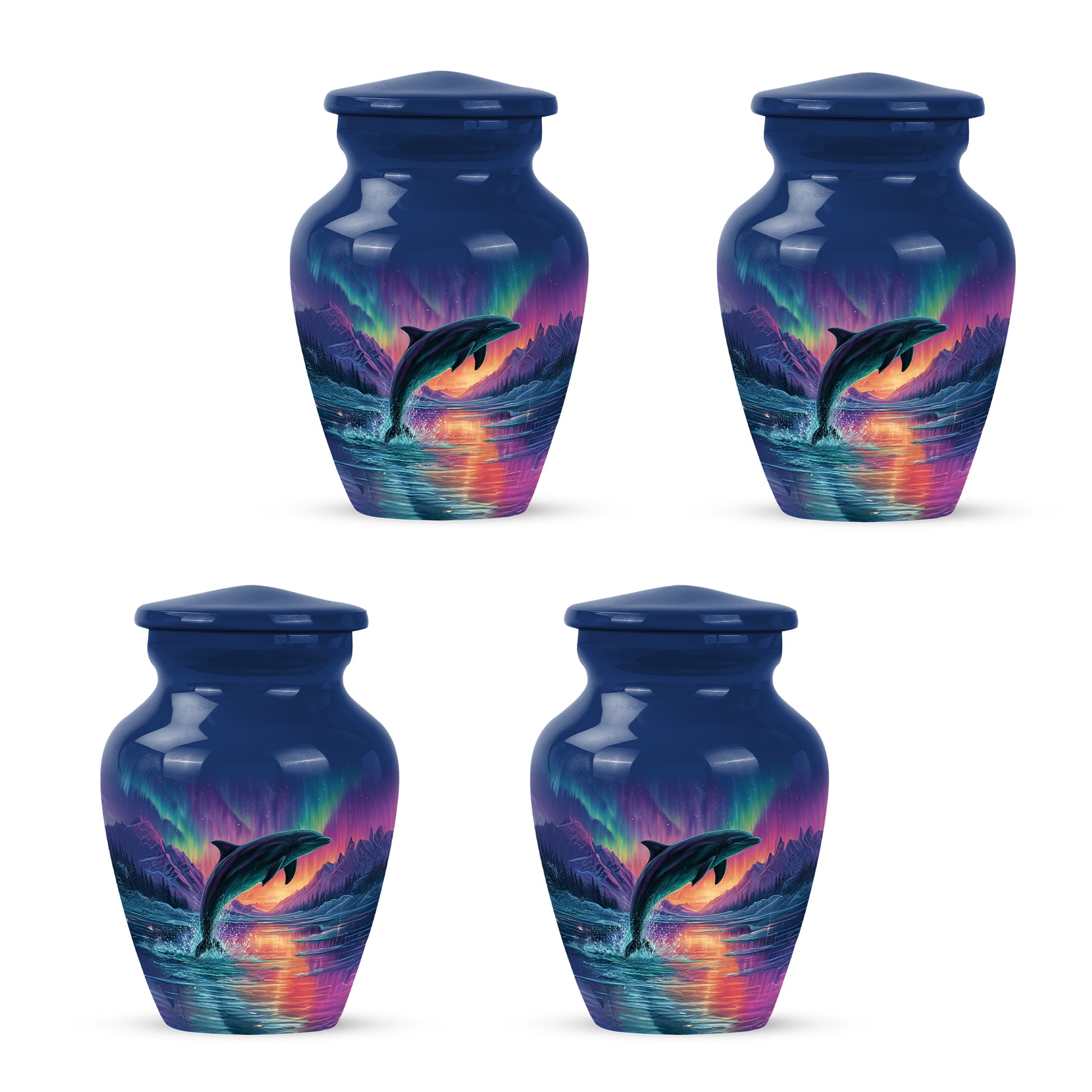 Calming Blue Dolphin Cremation Urn side profile showing urn shape - traditional dolphin engraving with hand-polished finish - 10 inch aluminum urn for cremated remains
