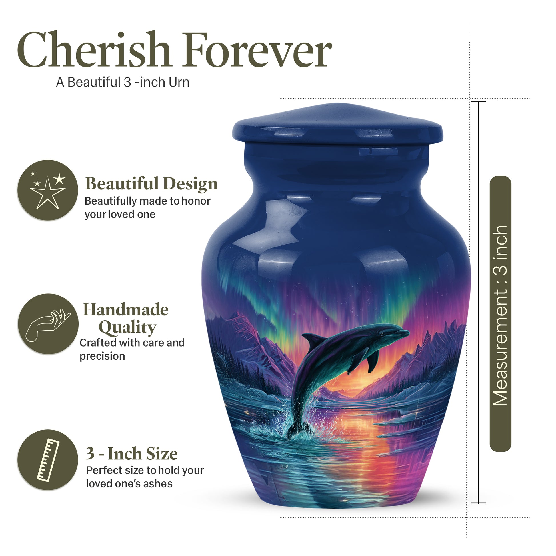 Twilight Blue Dolphin Cremation Urn close-up of engraving and surface detail - elegant classic dolphin relief with fine detailing - mini keepsake memorial for portion of cremation ashes