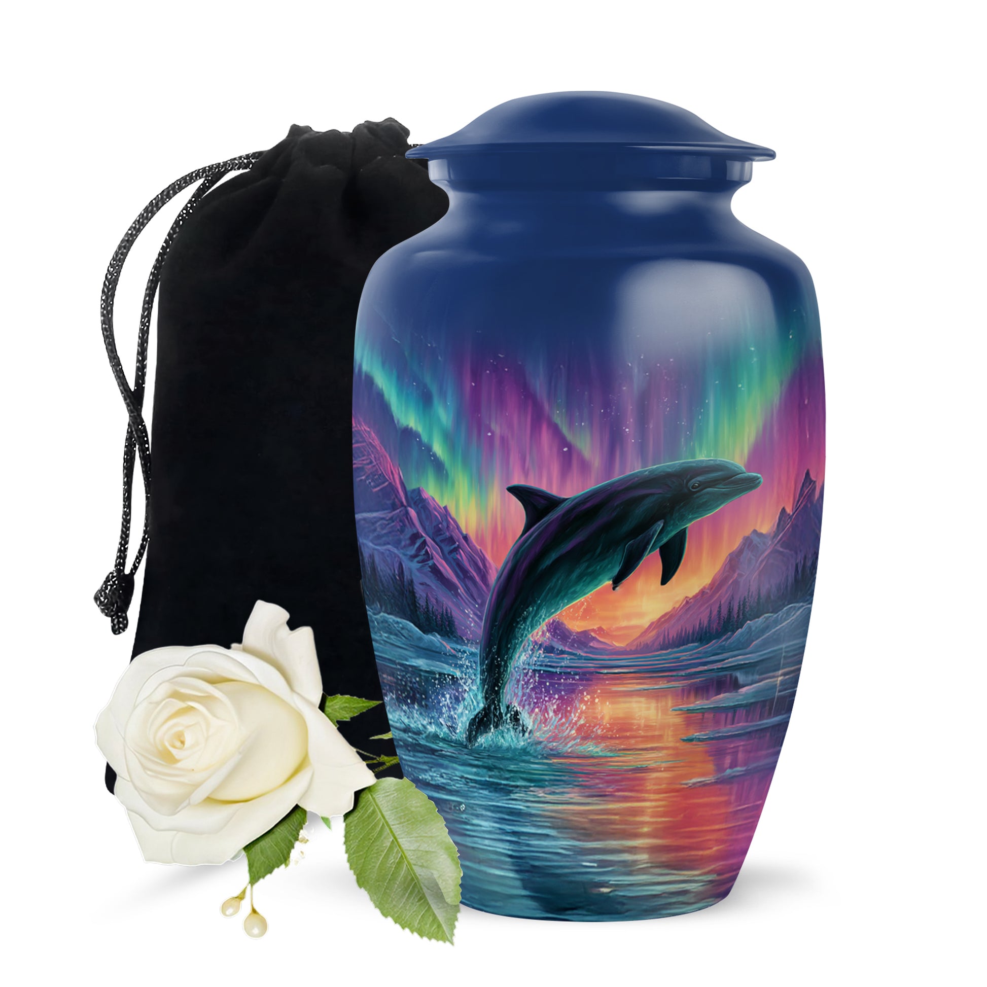 Sky Blue Dolphin Cremation Urn angled view of lid and engraved motif - classic sculpted dolphin pattern on smooth aluminum - full-size 10 inch 200 cubic inch adult cremation urn