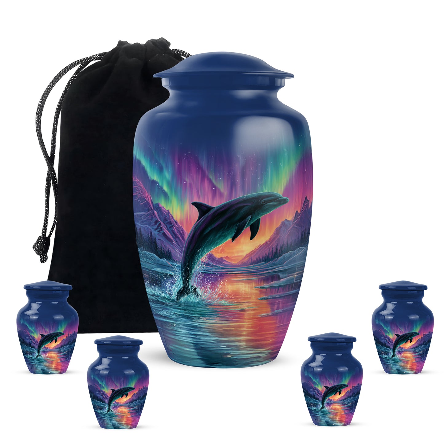 Bright Blue Dolphin Cremation Urn top-down view of secure threaded lid - traditional dolphin engraving with hand-polished finish - memorial set with one large and four small urns