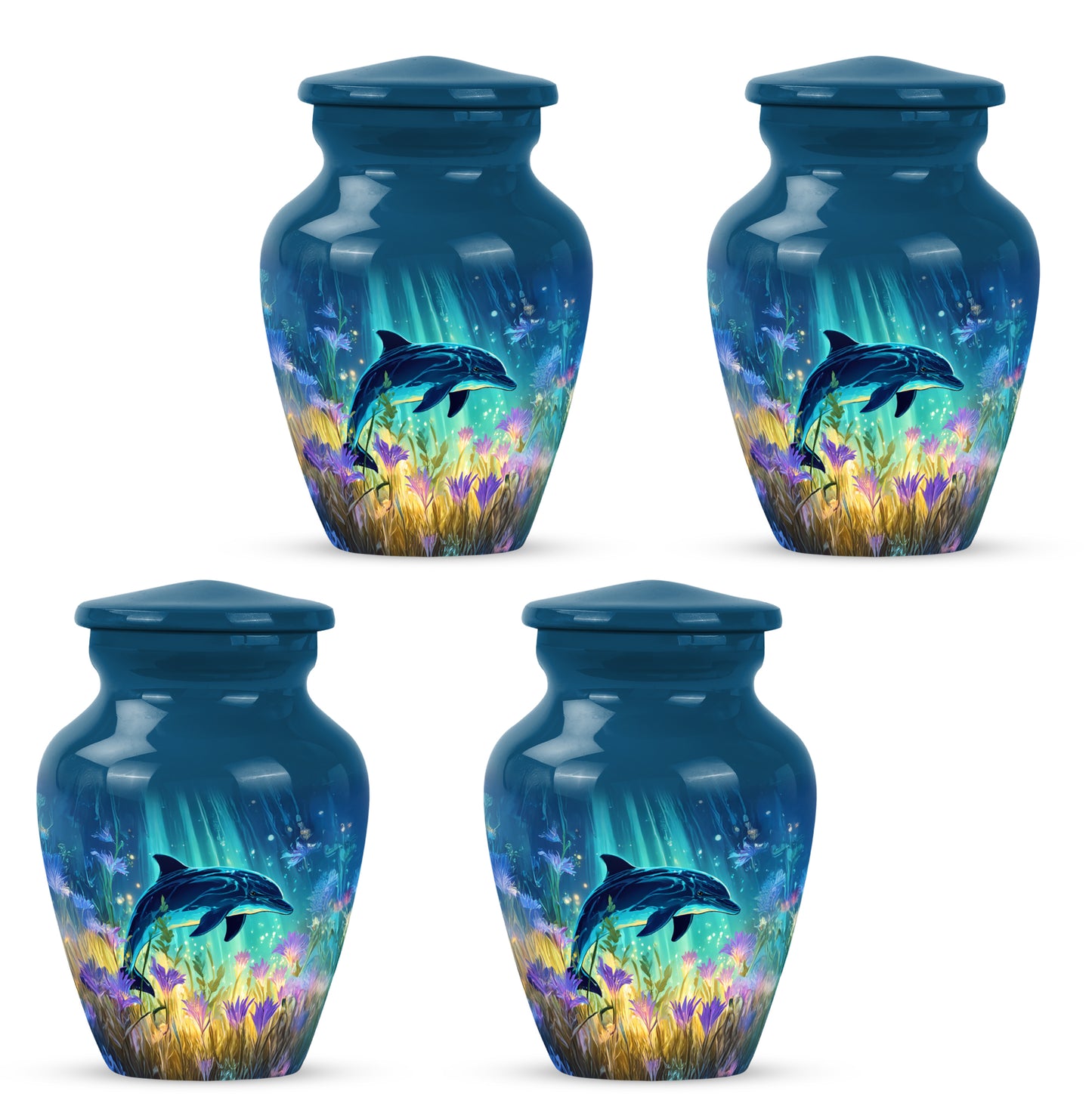 Misty Blue Dolphin Cremation Urn side profile showing urn shape - classic sculpted dolphin pattern on smooth aluminum - 10 inch aluminum urn for cremated remains