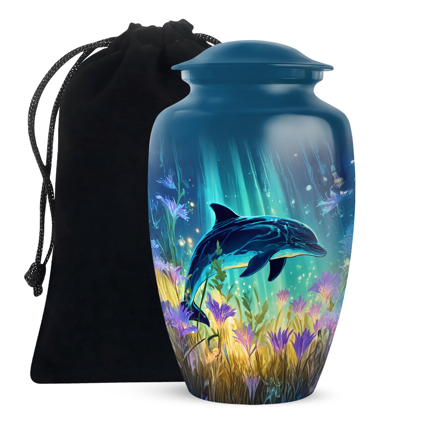 Icy Blue Dolphin Cremation Urn angled view of lid and engraved motif - timeless dolphin motif etched into premium metal - full-size 10 inch 200 cubic inch adult cremation urn