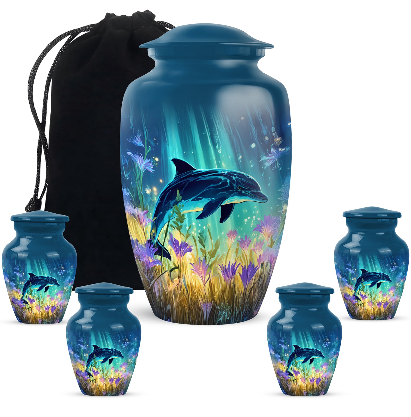 Soft Blue Dolphin Cremation Urn top-down view of secure threaded lid - elegant classic dolphin relief with fine detailing - memorial set with one large and four small urns
