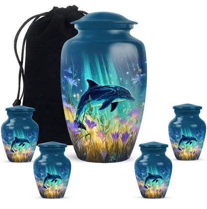 Soft Blue Dolphin Cremation Urn top-down view of secure threaded lid - elegant classic dolphin relief with fine detailing - memorial set with one large and four small urns