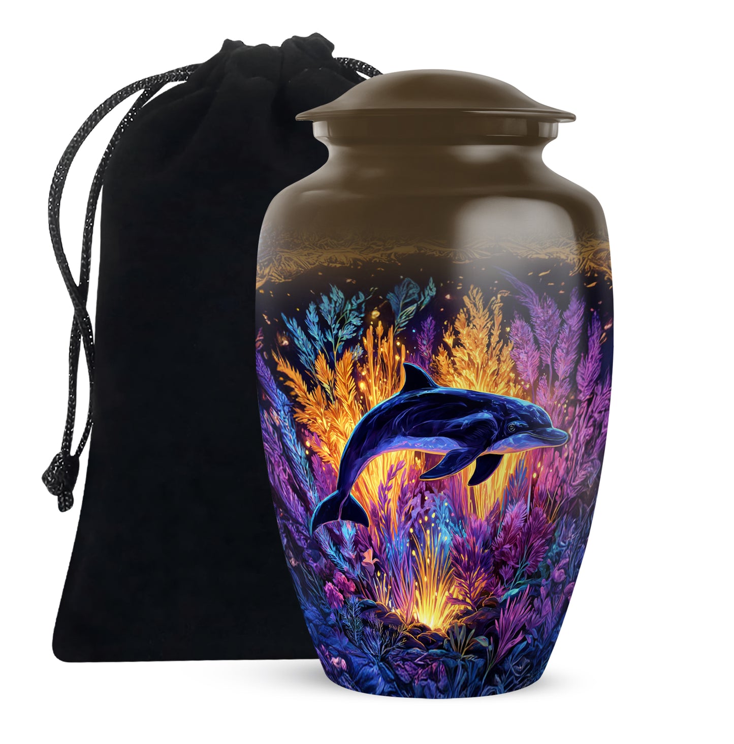 Gilded Gold Dolphin Cremation Urn angled view of lid and engraved motif - classic sculpted dolphin pattern on smooth aluminum - full-size 10 inch 200 cubic inch adult cremation urn