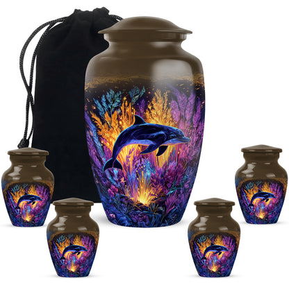 Harvest Gold Dolphin Cremation Urn top-down view of secure threaded lid - traditional dolphin engraving with hand-polished finish - memorial set with one large and four small urns