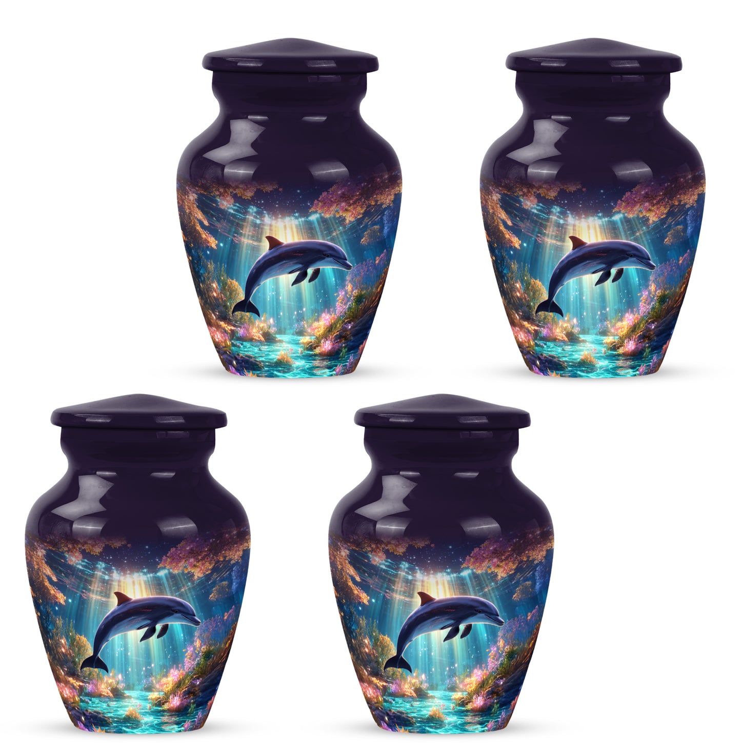 Royal Purple Dolphin Cremation Urn side profile showing urn shape - traditional dolphin engraving with hand-polished finish - 10 inch aluminum urn for cremated remains