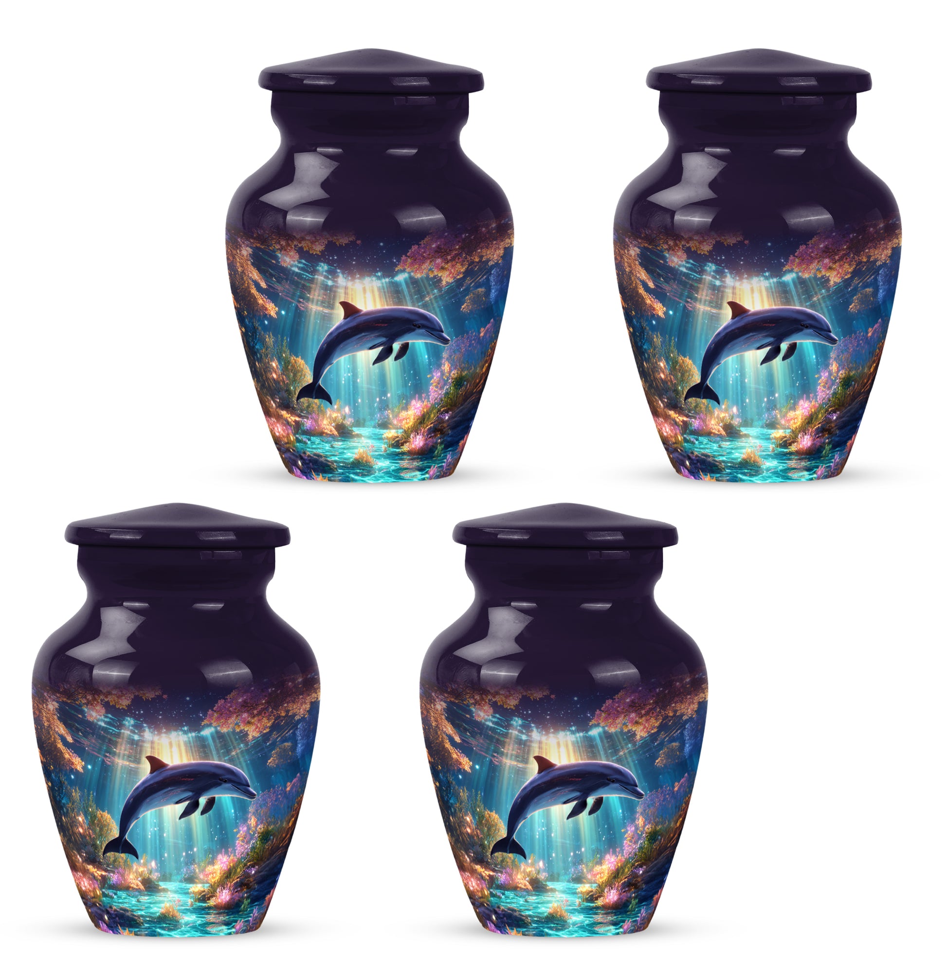 Royal Purple Dolphin Cremation Urn side profile showing urn shape - traditional dolphin engraving with hand-polished finish - 10 inch aluminum urn for cremated remains