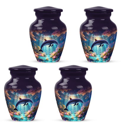 Royal Purple Dolphin Cremation Urn side profile showing urn shape - traditional dolphin engraving with hand-polished finish - 10 inch aluminum urn for cremated remains