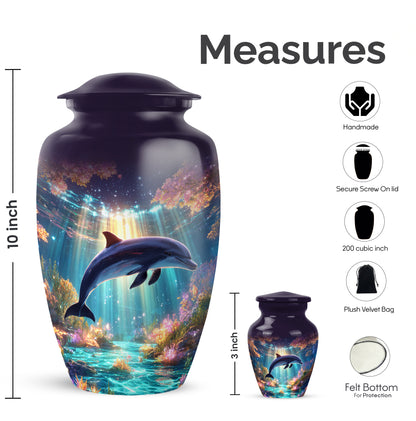 Twilight Purple Dolphin Cremation Urn close-up of engraving and surface detail - traditional dolphin engraving with hand-polished finish - mini keepsake memorial for portion of cremation ashes