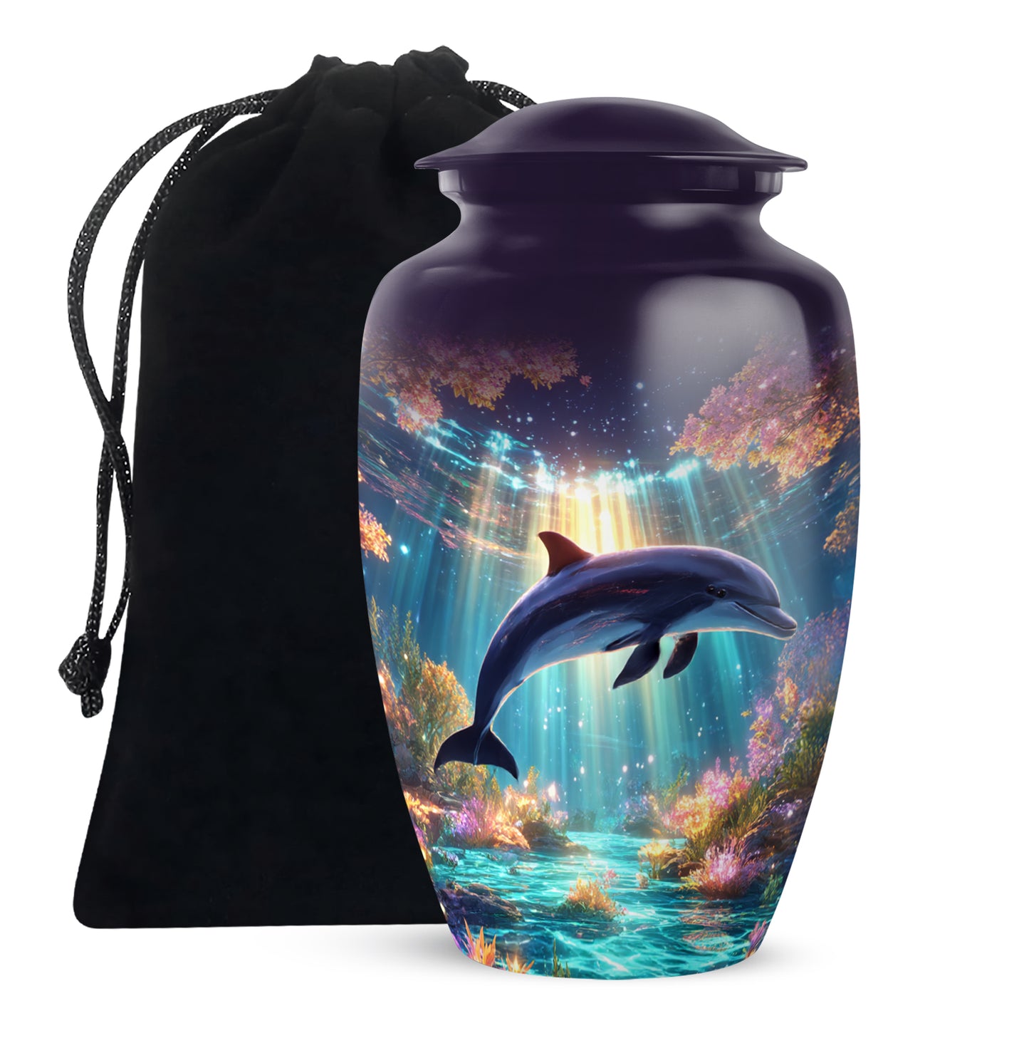 Royal Purple Dolphin Cremation Urn angled view of lid and engraved motif - elegant classic dolphin relief with fine detailing - full-size 10 inch 200 cubic inch adult cremation urn