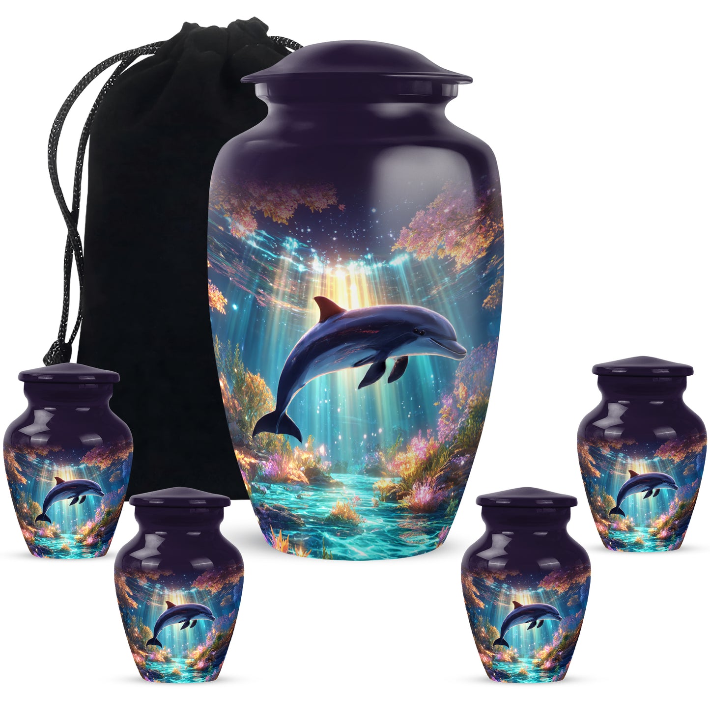 Twilight Purple Dolphin Cremation Urn top-down view of secure threaded lid - elegant classic dolphin relief with fine detailing - memorial set with one large and four small urns