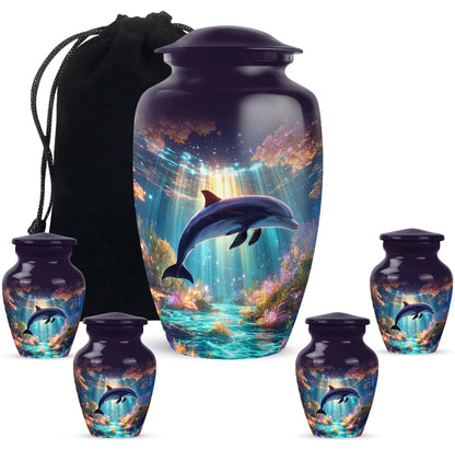 Twilight Purple Dolphin Cremation Urn top-down view of secure threaded lid - elegant classic dolphin relief with fine detailing - memorial set with one large and four small urns