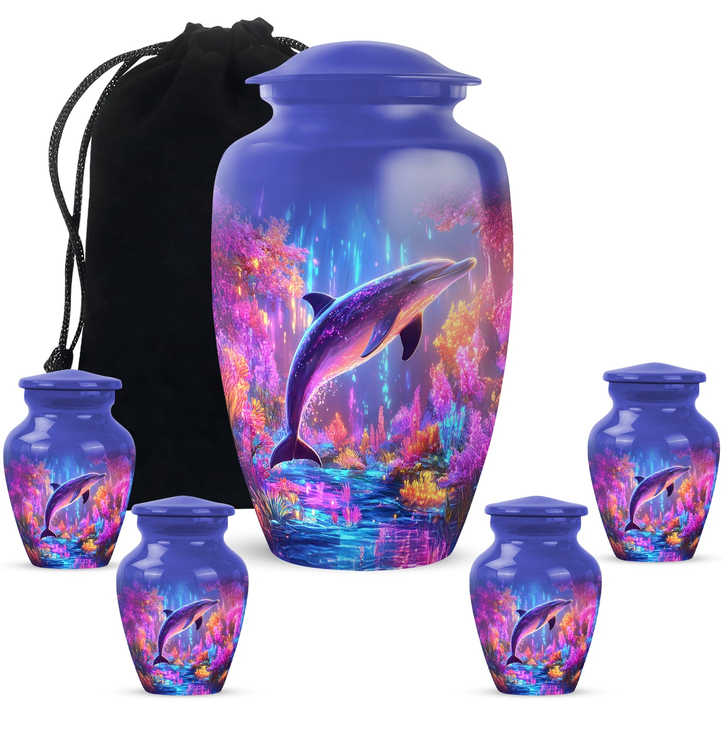 Serene Blue Dolphin Cremation Urn top-down view of secure threaded lid - elegant classic dolphin relief with fine detailing - memorial set with one large and four small urns