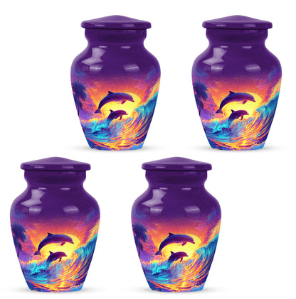 Amethyst Purple Dolphin Cremation Urn side profile showing urn shape - timeless dolphin motif etched into premium metal - 10 inch aluminum urn for cremated remains