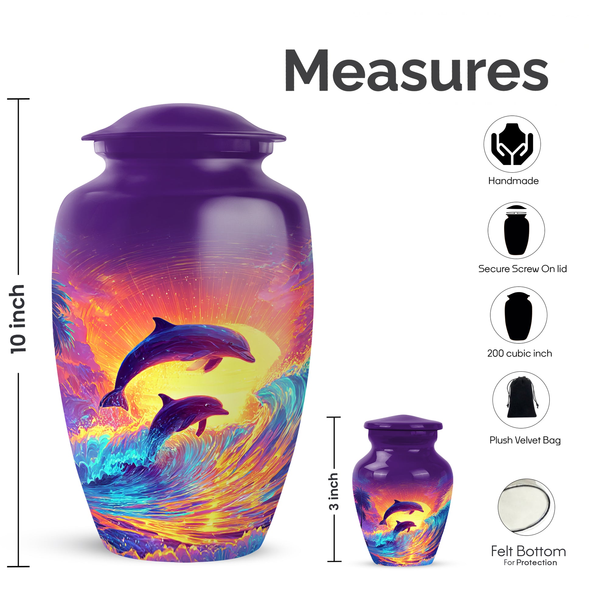 Royal Purple Dolphin Cremation Urn close-up of engraving and surface detail - elegant classic dolphin relief with fine detailing - mini keepsake memorial for portion of cremation ashes