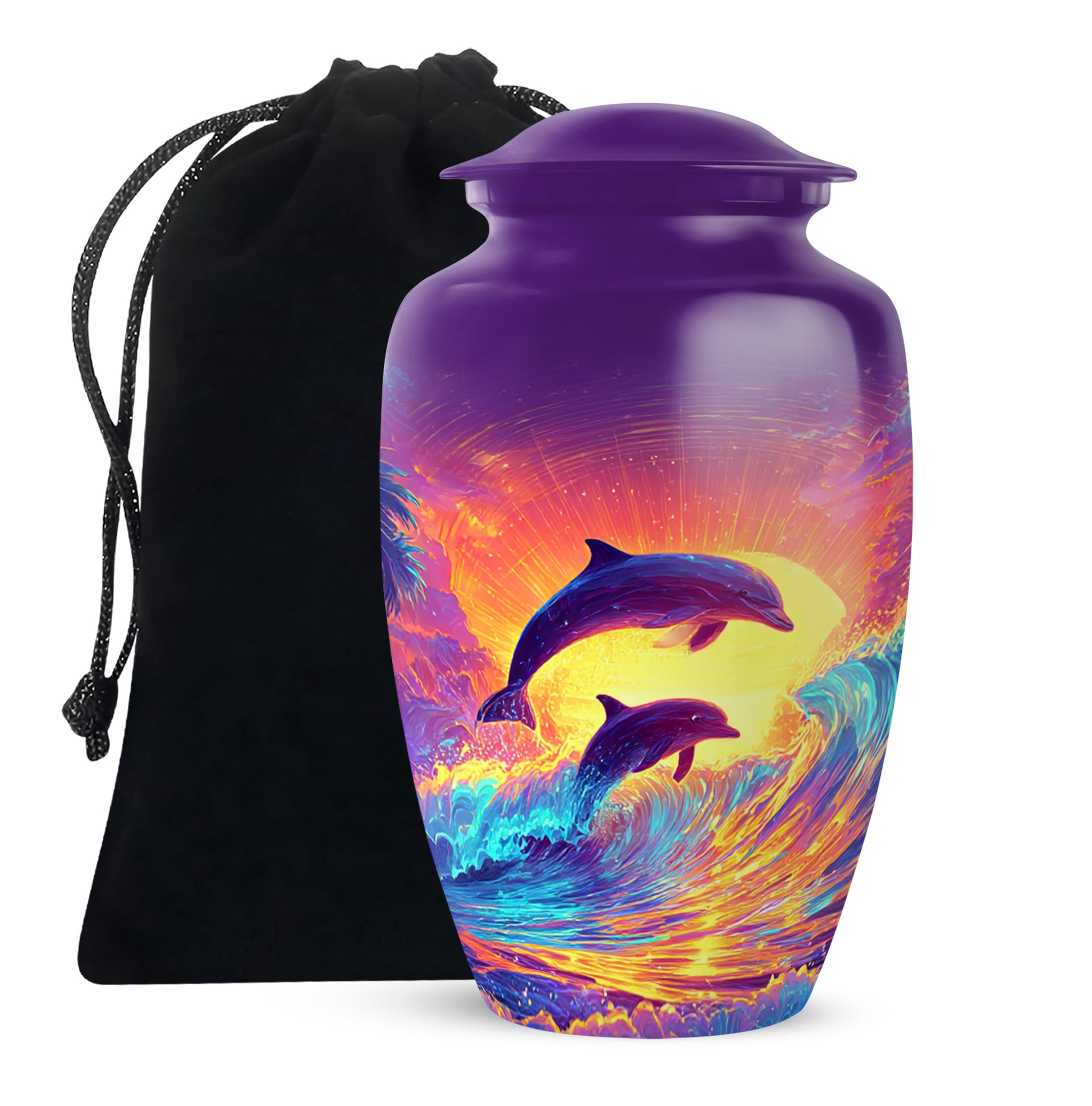Majestic Purple Dolphin Cremation Urn angled view of lid and engraved motif - classic sculpted dolphin pattern on smooth aluminum - full-size 10 inch 200 cubic inch adult cremation urn