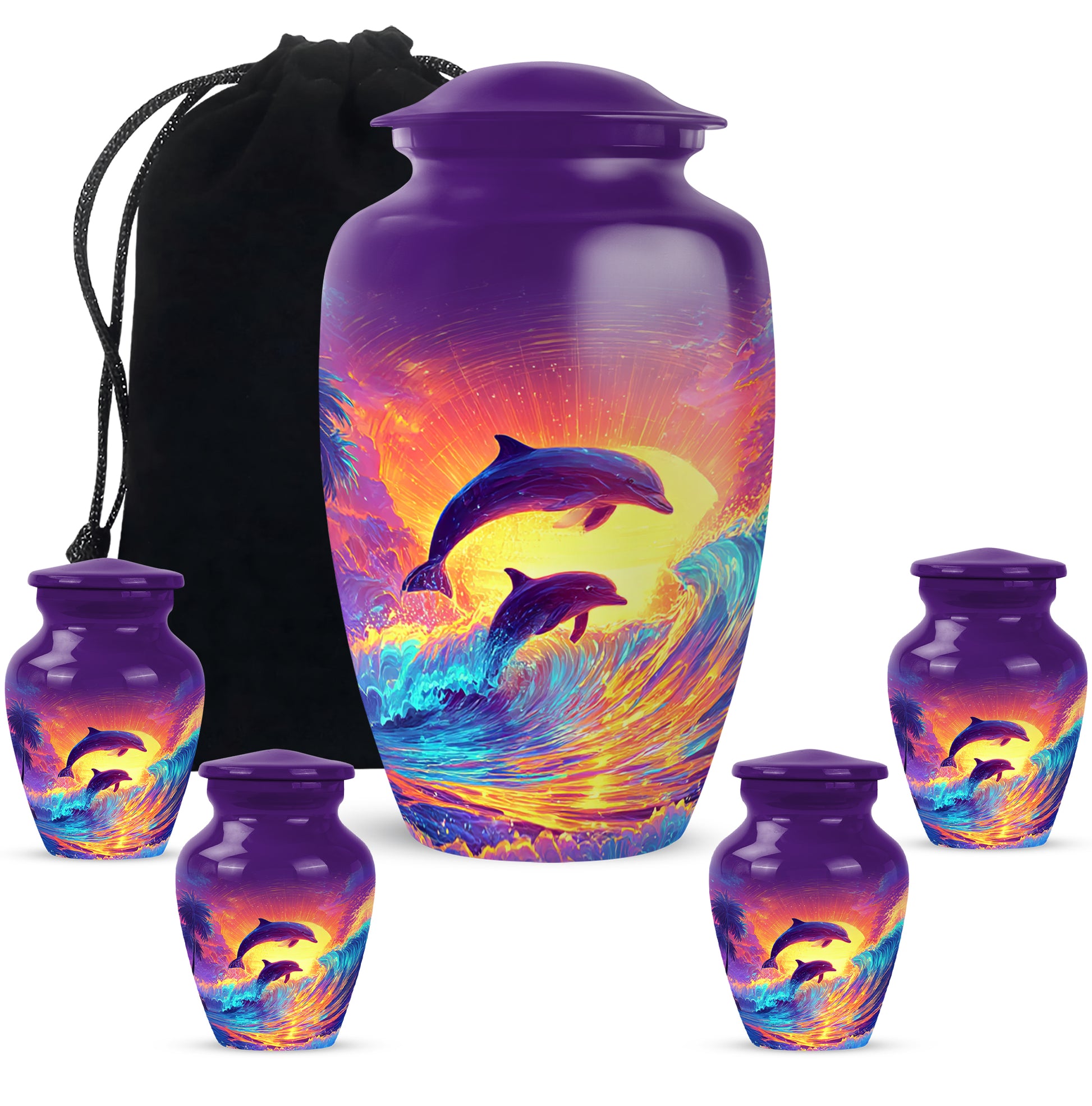 Amethyst Purple Dolphin Cremation Urn top-down view of secure threaded lid - timeless dolphin motif etched into premium metal - memorial set with one large and four small urns