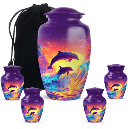 Amethyst Purple Dolphin Cremation Urn top-down view of secure threaded lid - timeless dolphin motif etched into premium metal - memorial set with one large and four small urns