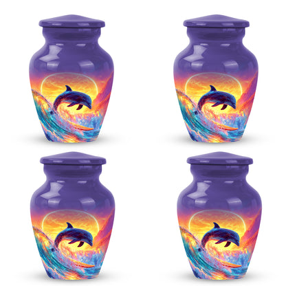 Soft Blue Dolphin Cremation Urn side profile showing urn shape - elegant classic dolphin relief with fine detailing - 10 inch aluminum urn for cremated remains