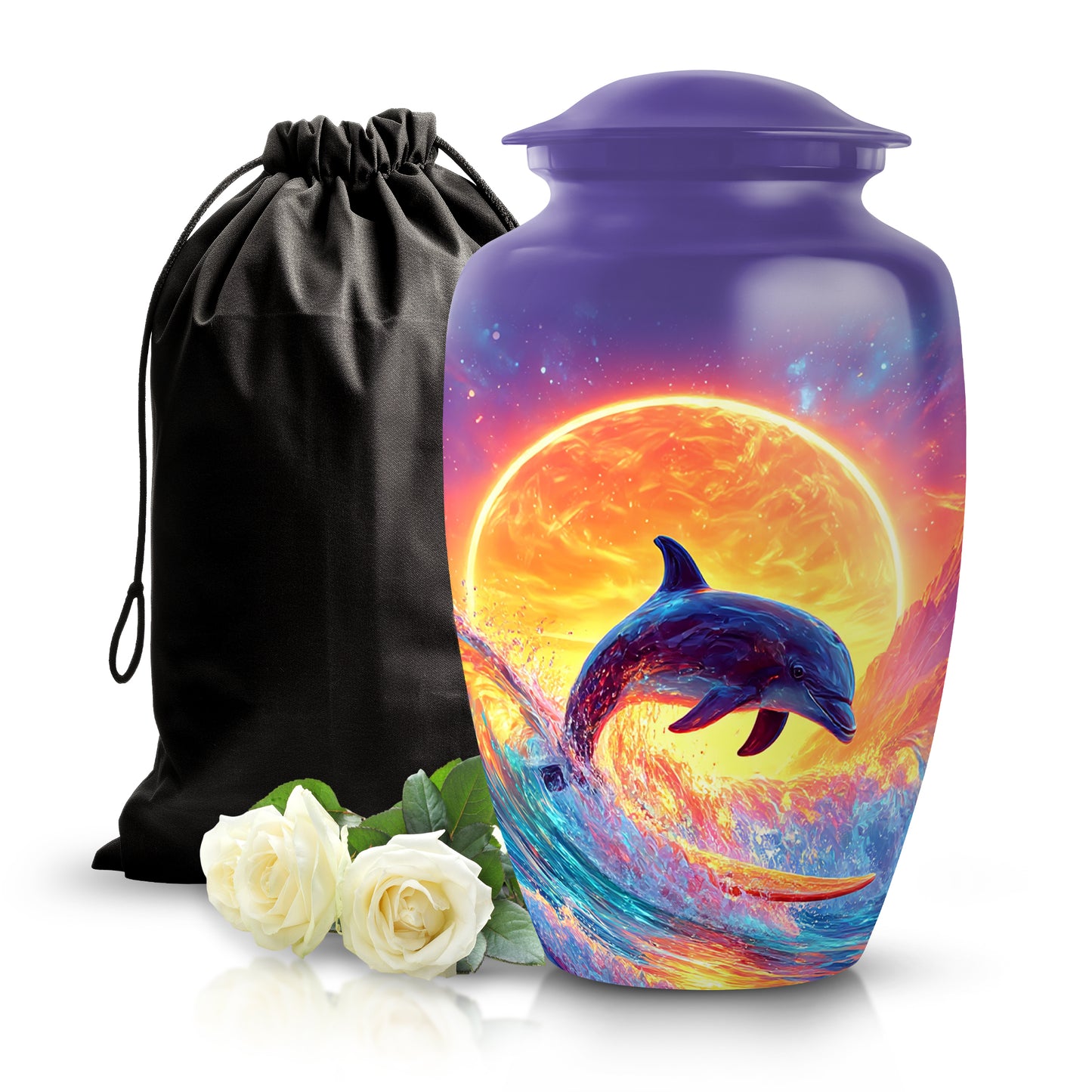 Misty Blue Dolphin Cremation Urn angled view of lid and engraved motif - classic sculpted dolphin pattern on smooth aluminum - full-size 10 inch 200 cubic inch adult cremation urn