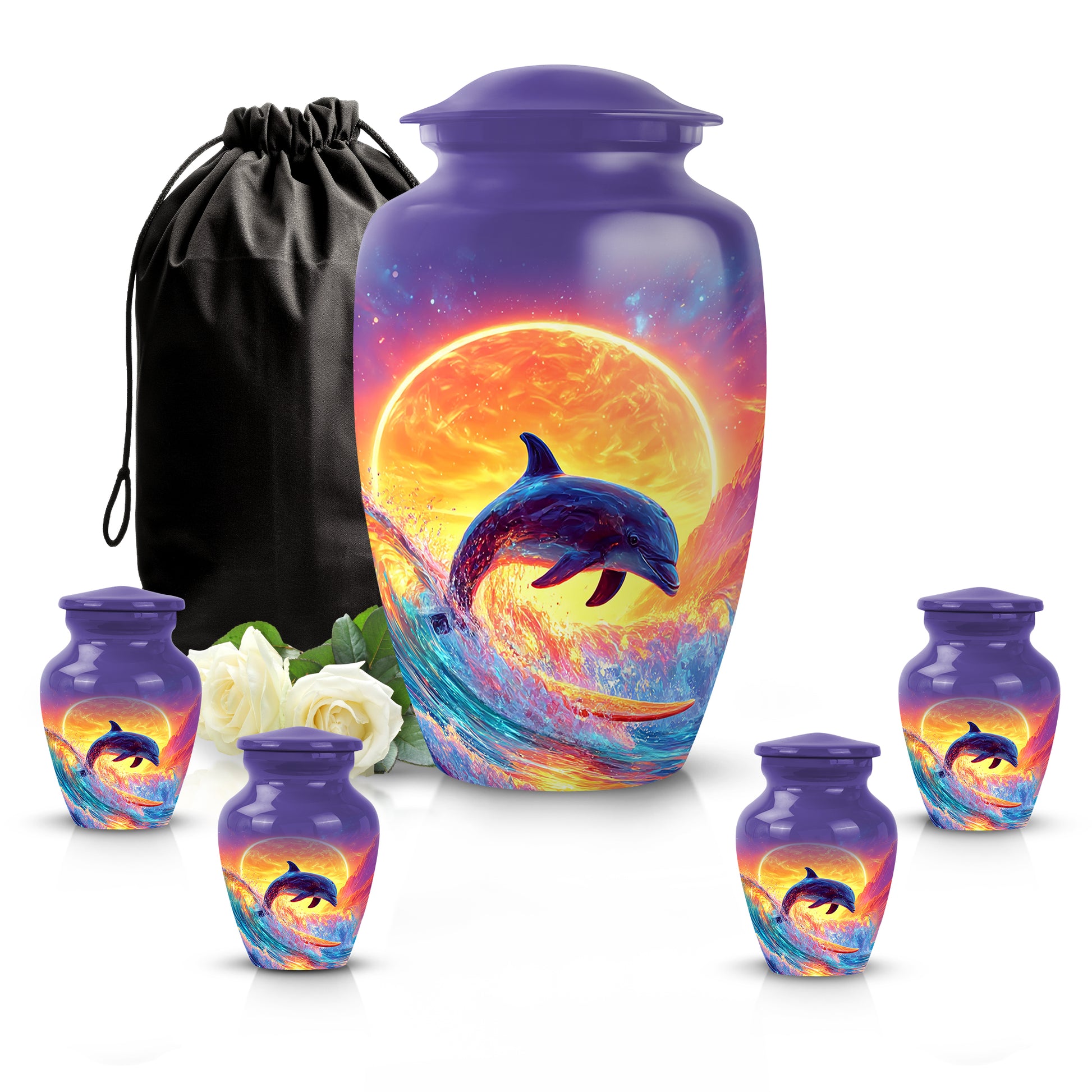 Vivid Blue Dolphin Cremation Urn top-down view of secure threaded lid - traditional dolphin engraving with hand-polished finish - memorial set with one large and four small urns