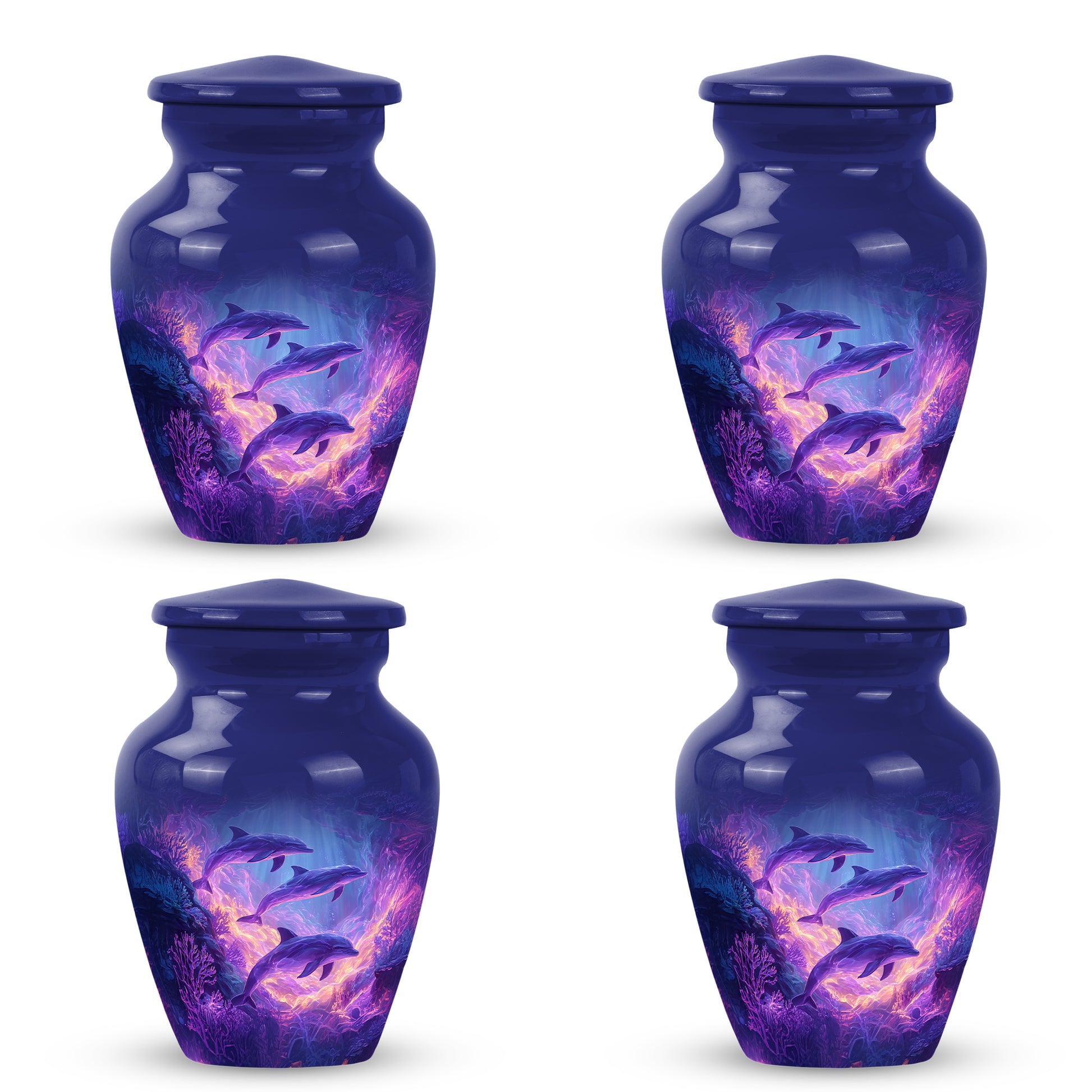 Powder Blue Dolphin Cremation Urn side profile showing urn shape - classic sculpted dolphin pattern on smooth aluminum - 10 inch aluminum urn for cremated remains