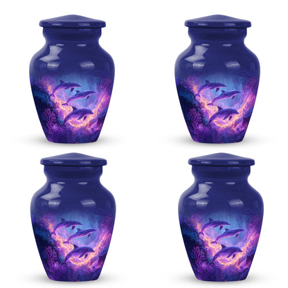 Powder Blue Dolphin Cremation Urn side profile showing urn shape - classic sculpted dolphin pattern on smooth aluminum - 10 inch aluminum urn for cremated remains