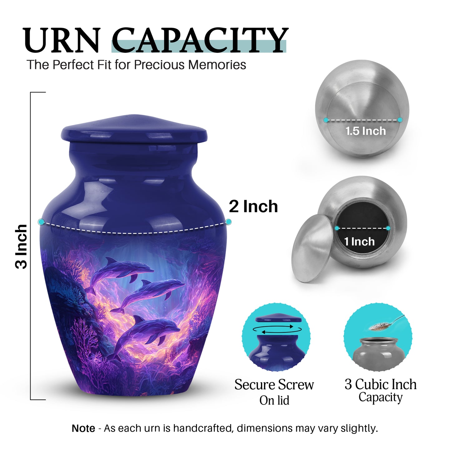 Navy Blue Dolphin Cremation Urn close-up of engraving and surface detail - timeless dolphin motif etched into premium metal - mini keepsake memorial for portion of cremation ashes
