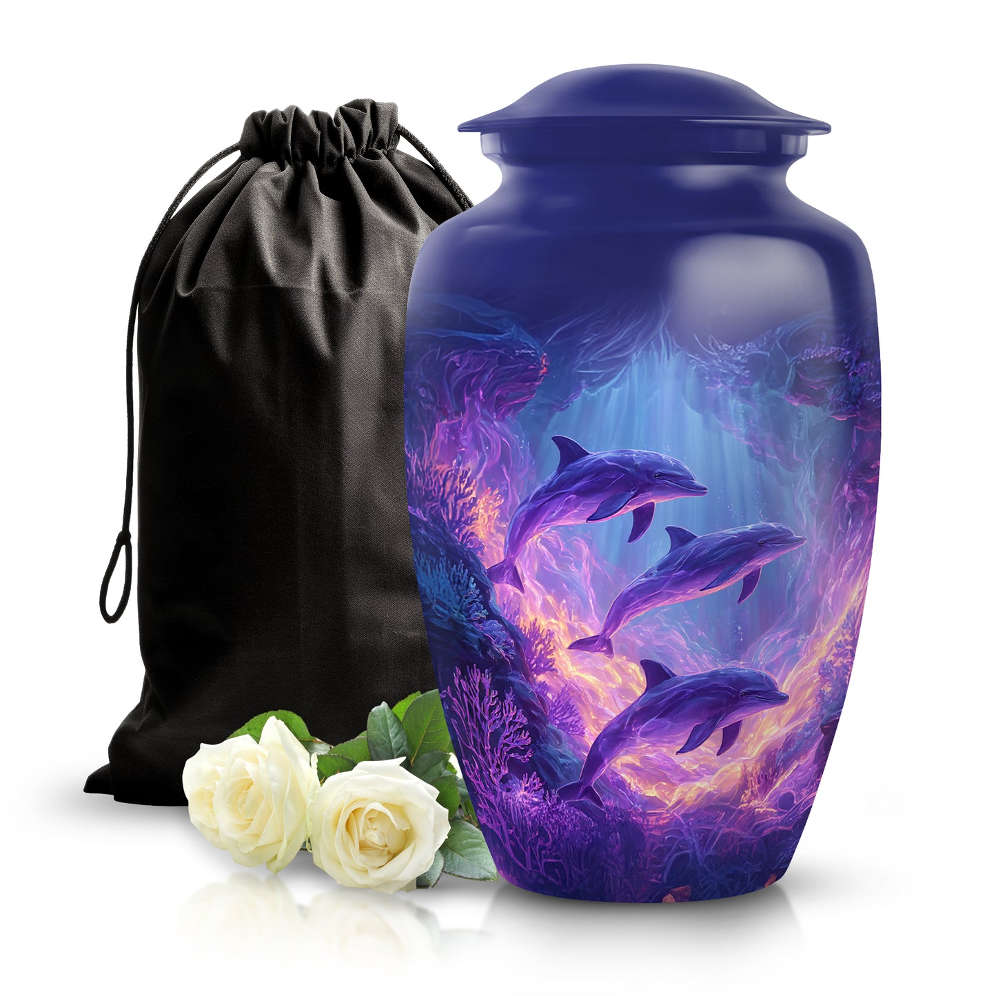 Misty Blue Dolphin Cremation Urn angled view of lid and engraved motif - timeless dolphin motif etched into premium metal - full-size 10 inch 200 cubic inch adult cremation urn