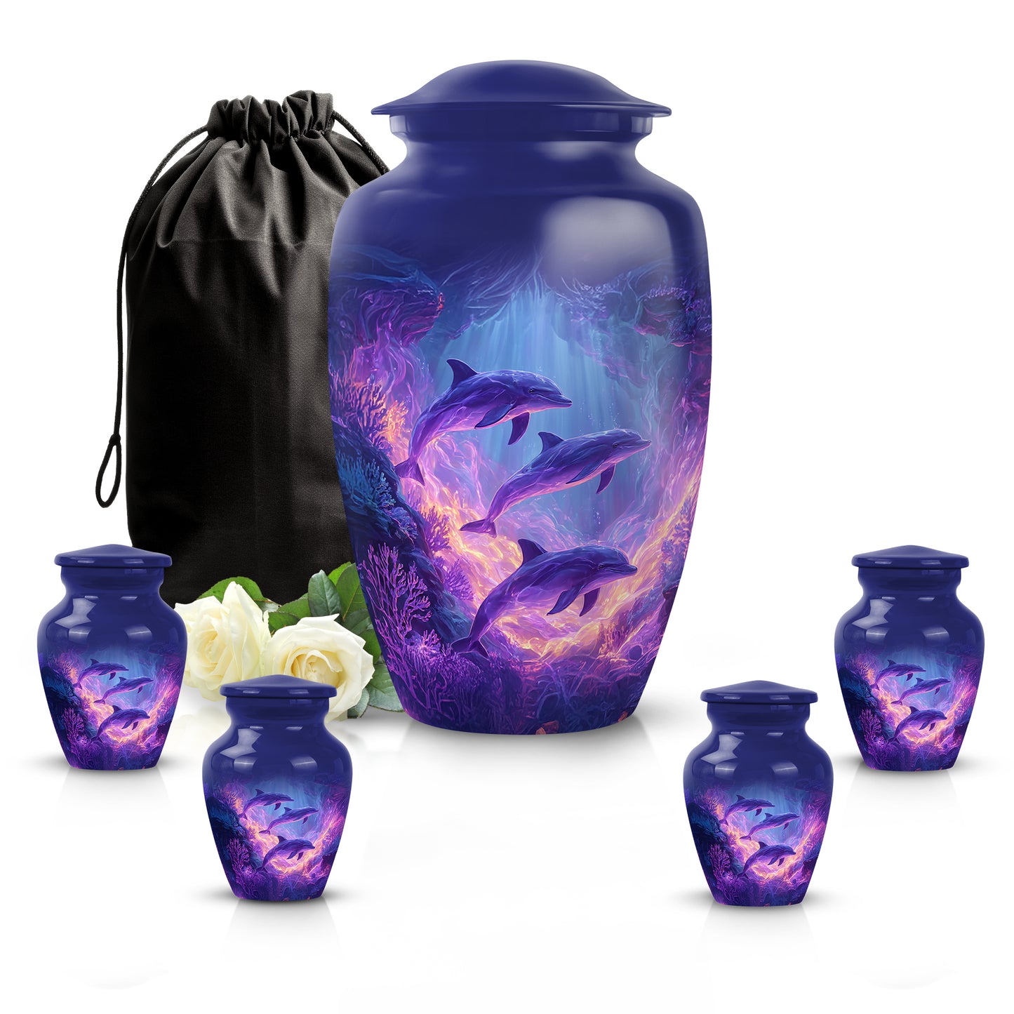 Celestial Blue Dolphin Cremation Urn top-down view of secure threaded lid - timeless dolphin motif etched into premium metal - memorial set with one large and four small urns
