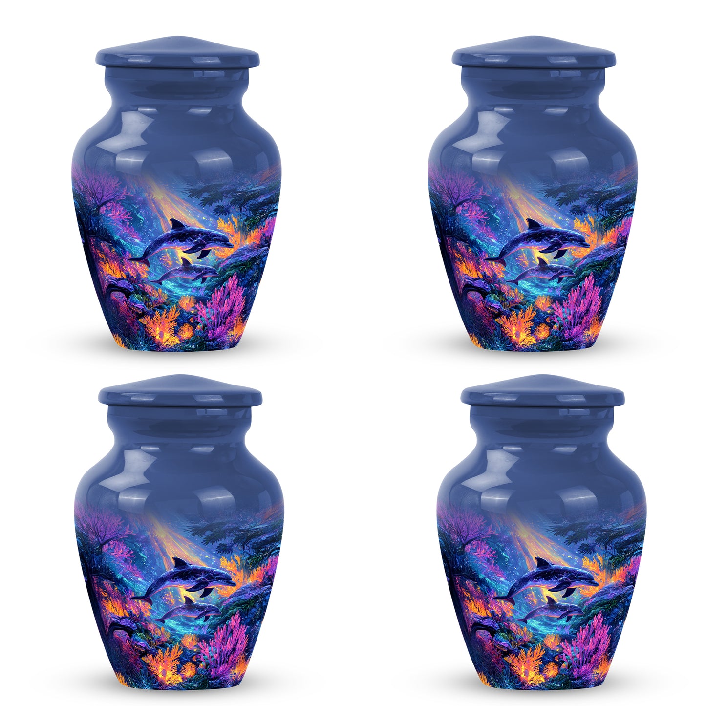Cornflower Blue Dolphin Cremation Urn side profile showing urn shape - traditional dolphin engraving with hand-polished finish - 10 inch aluminum urn for cremated remains