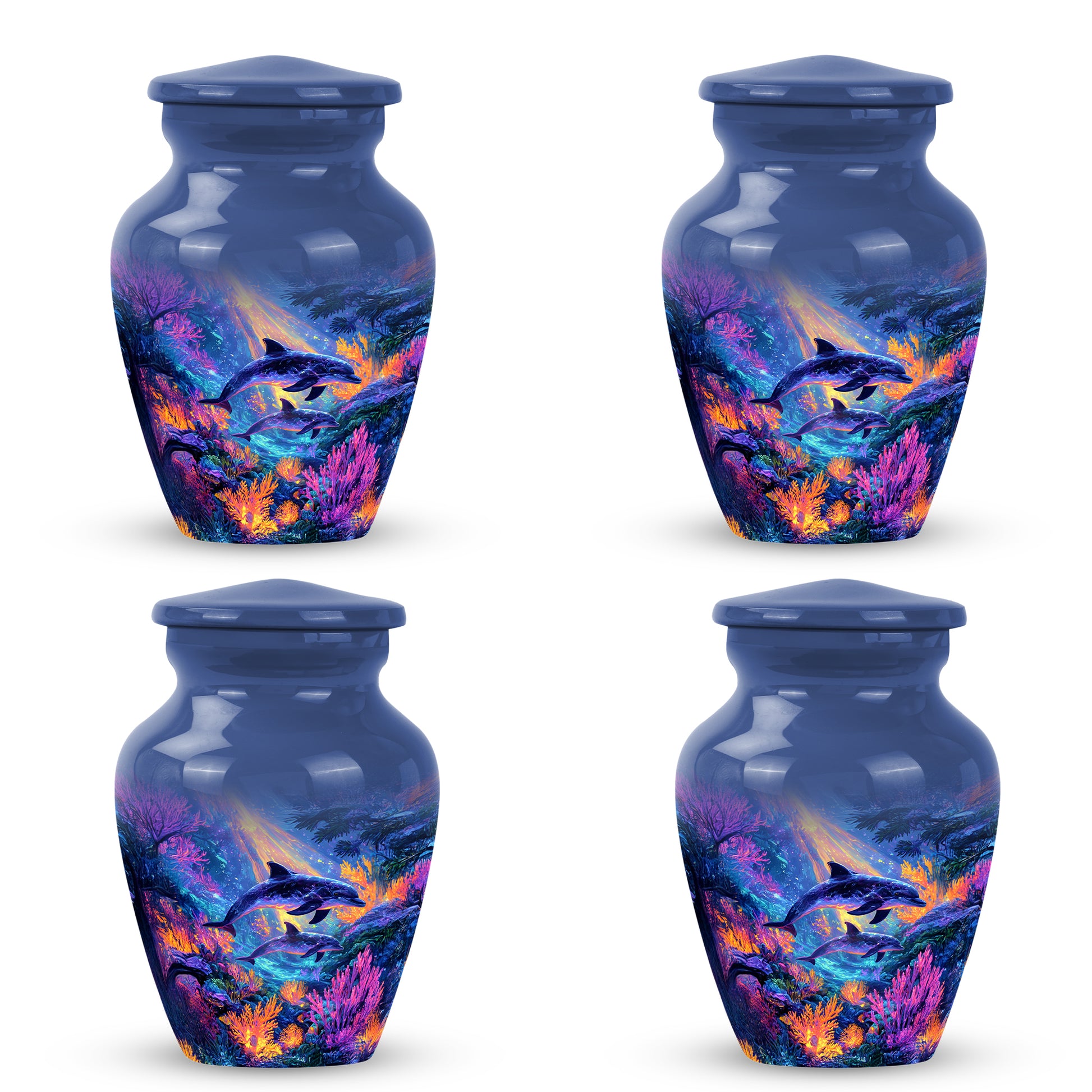 Cornflower Blue Dolphin Cremation Urn side profile showing urn shape - traditional dolphin engraving with hand-polished finish - 10 inch aluminum urn for cremated remains